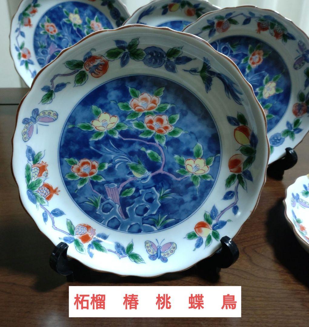 【庫山窯】花縁花鳥図中皿　銘々皿五客揃い 九谷焼 暁堂 八角皿揃 5枚セット 色絵 花鳥図 中皿 銘々皿 輪花皿