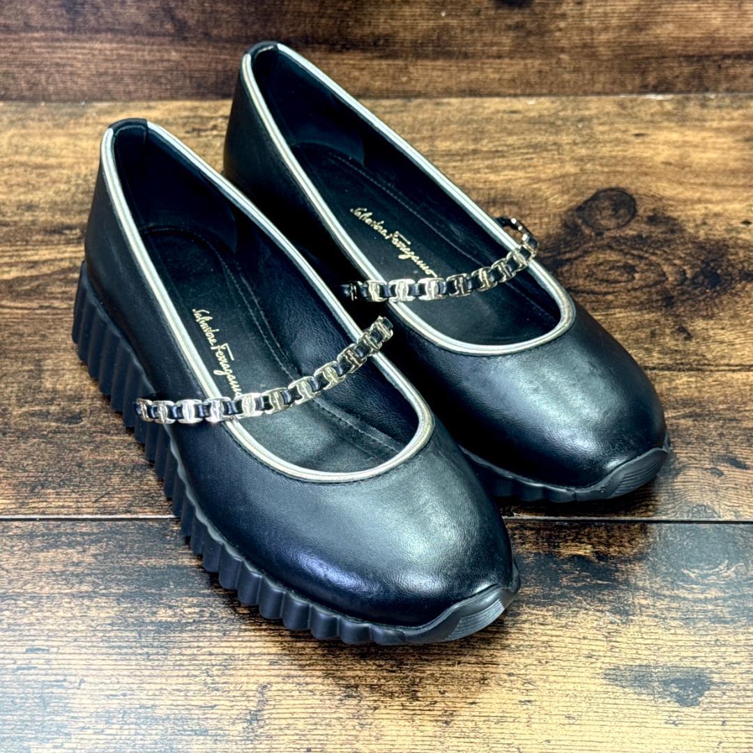 ☆即発 フェラガモ SANDY 厚底 バレエ 黒 6.5C 極美品 ナッパレザー