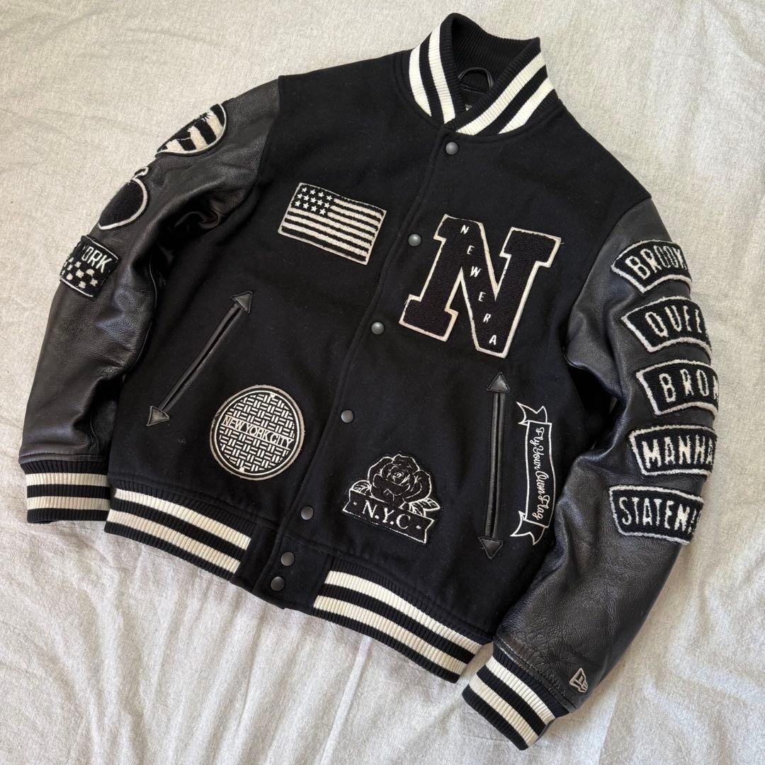 NEW ERA 豪華ワッペン スタジャン NYC 袖レザー 羊革 黒 M - メルカリ