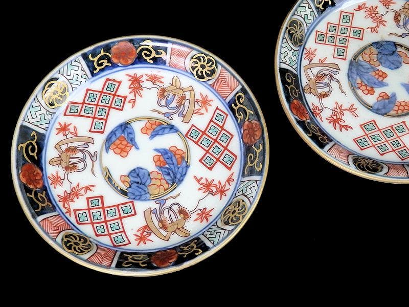 古伊万里 金襴手 烏帽子に紅葉の図 豆皿 手塩皿 2枚 E201AS-CPw