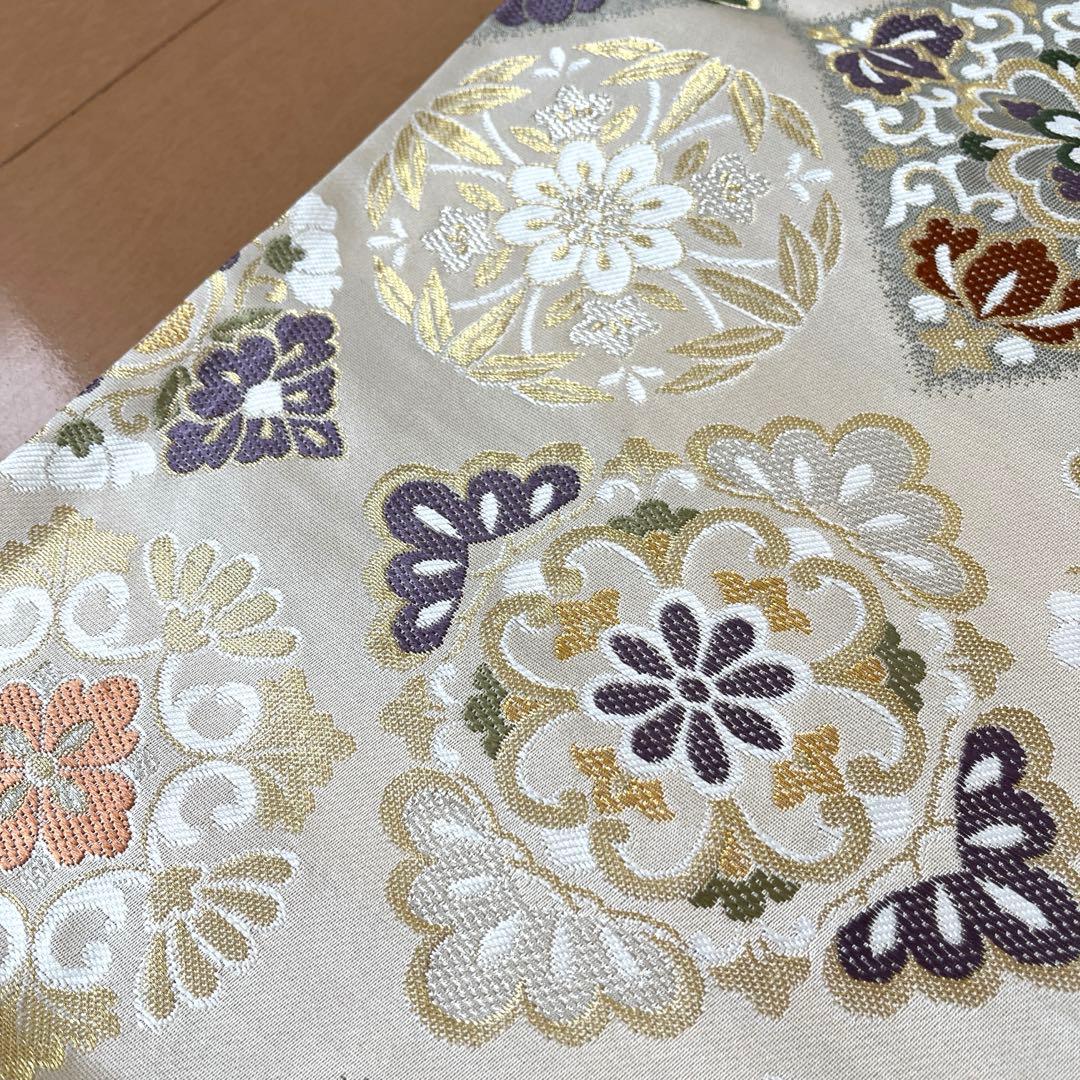 袋帯 西陣錦織 正絹 菱文 松竹梅 桐 菊など ベージュ系 控えめ金 長尺