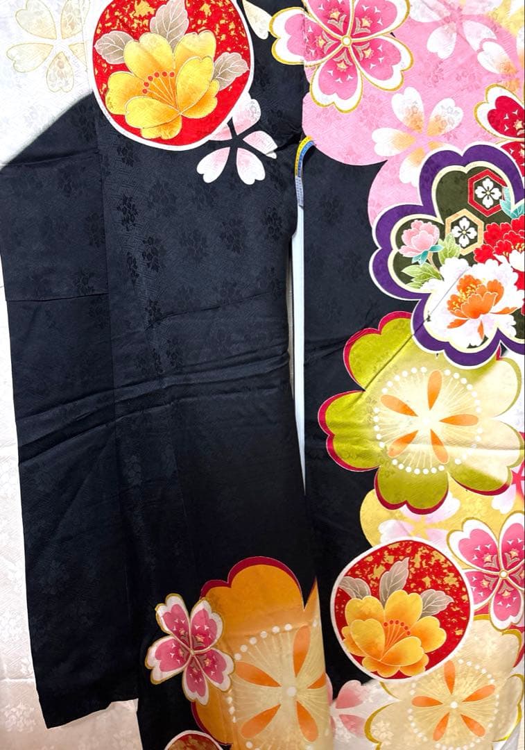 白×黒 桜 牡丹 振袖 身丈161