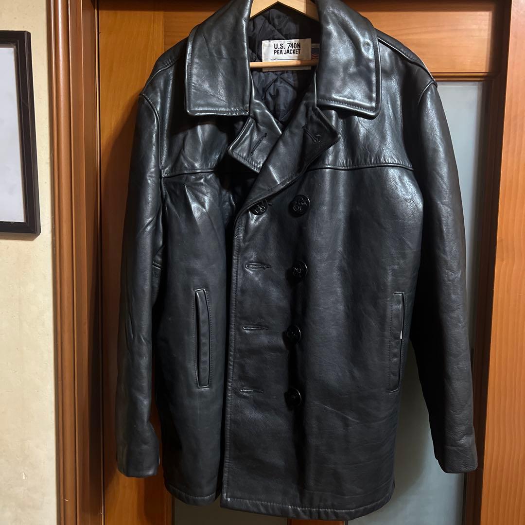 U.S. 740N PEACOAT ブラックレザー 46 Schott US 740 Black Pea Coat Jacket USA Made Double Breasted