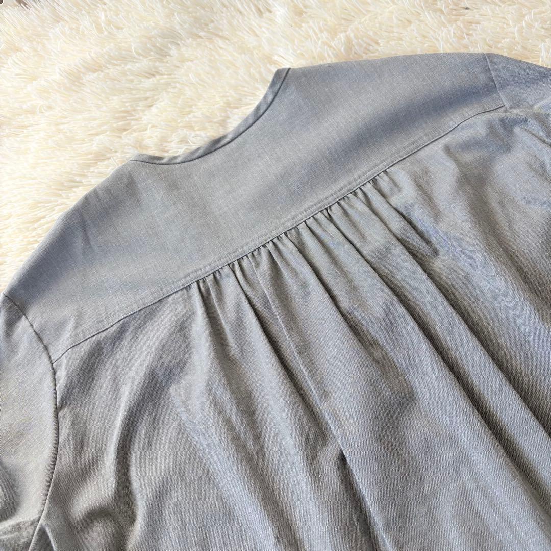 オーガ フリルシャツ ノーカラー ラウンドヘム サイドスリット グレー
