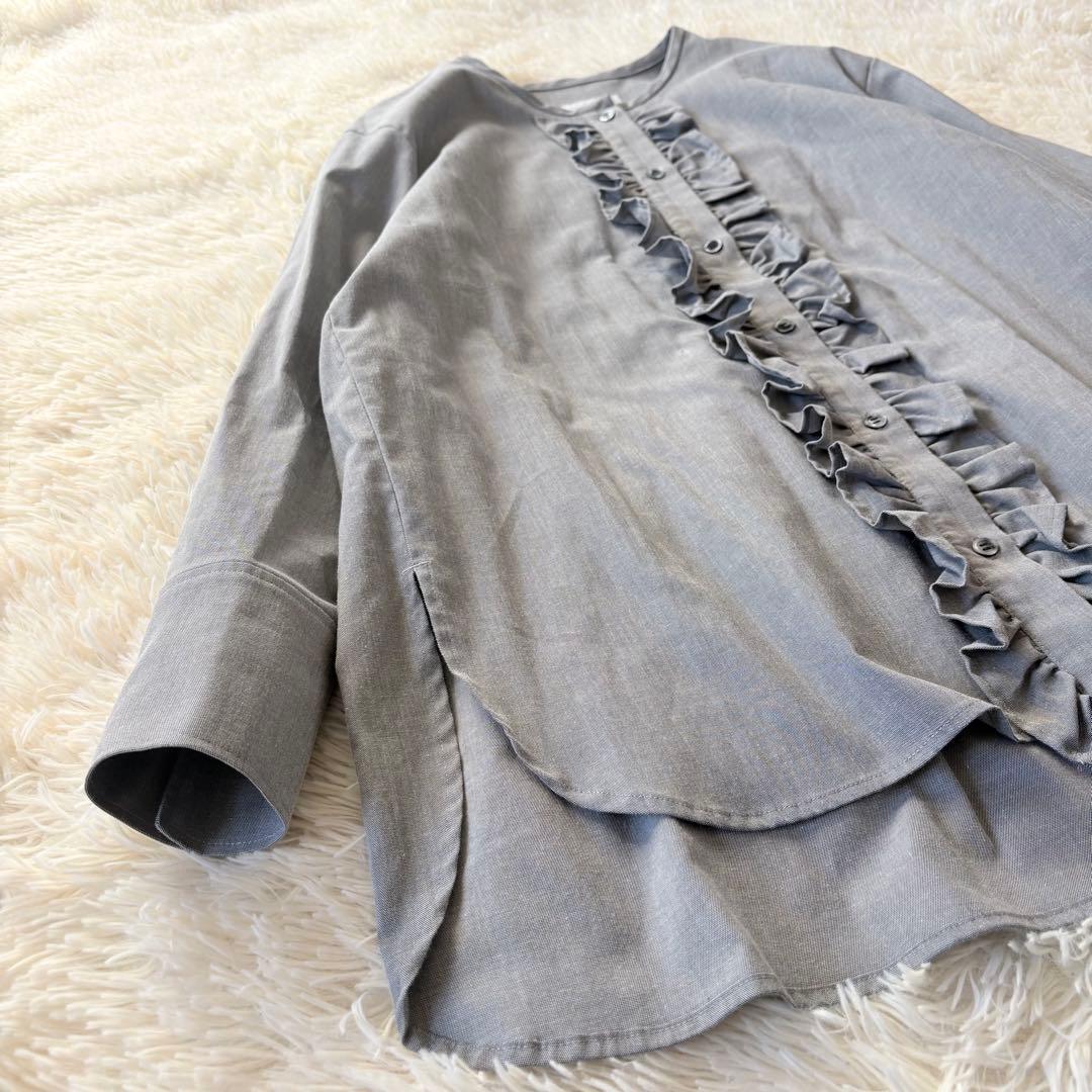 オーガ フリルシャツ ノーカラー ラウンドヘム サイドスリット グレー