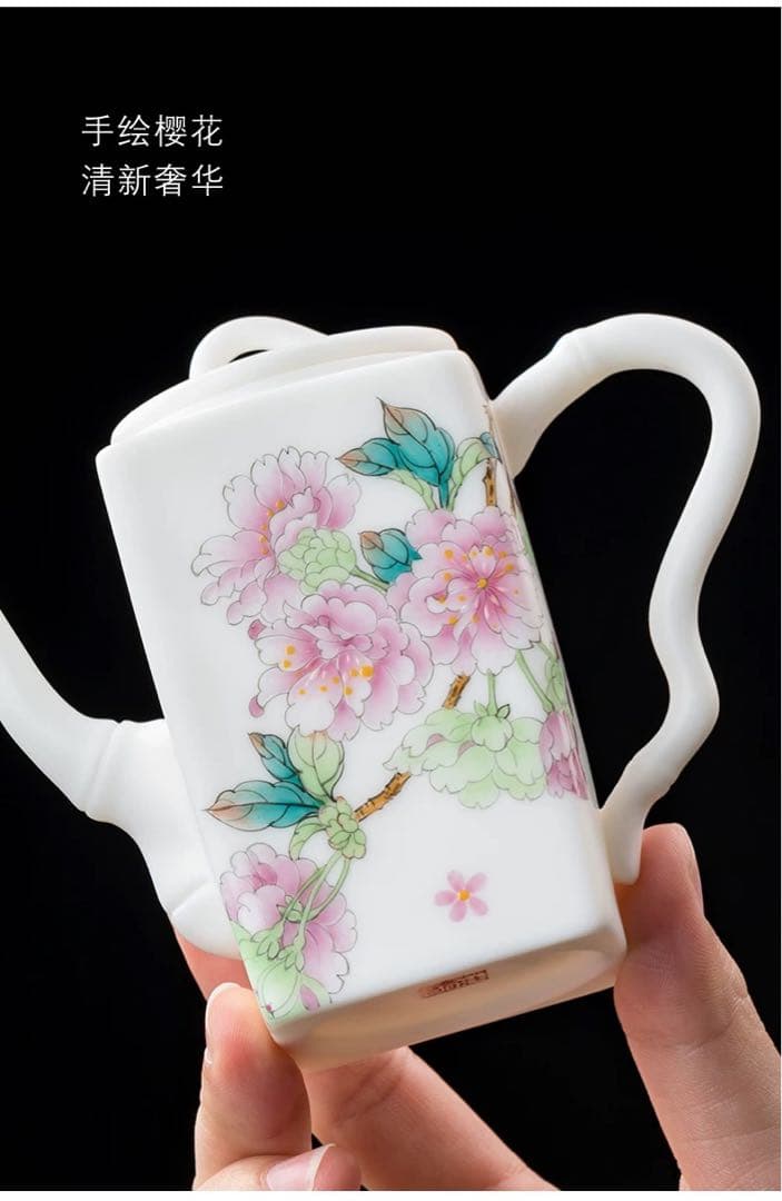 中国茶器 台湾茶器 未使用新品箱有り 作家荘晓明 四方壺手描き桜花