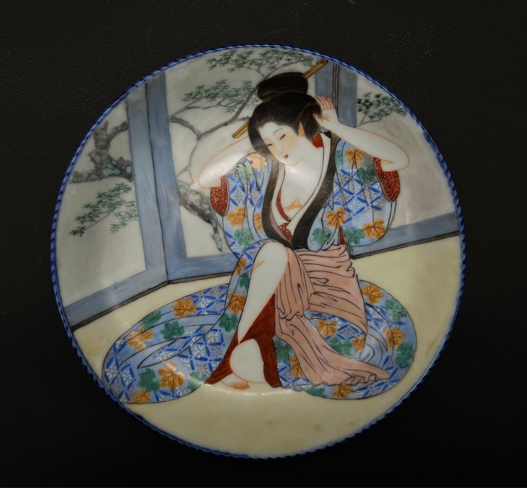 古美術 超希少品 手描き 春宫美人皿 飾り皿 手描き 九谷焼 取り皿 かわいい 縁起物 古美術 和食器 大正 恵比須