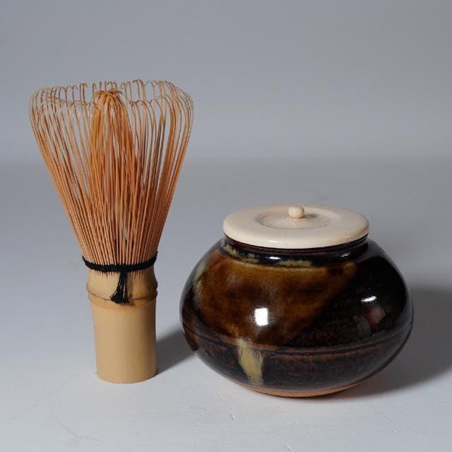 膳所焼 大海茶入 仕覆：伊予簾 共箱 茶道具 茶器 長緒 陽炎園