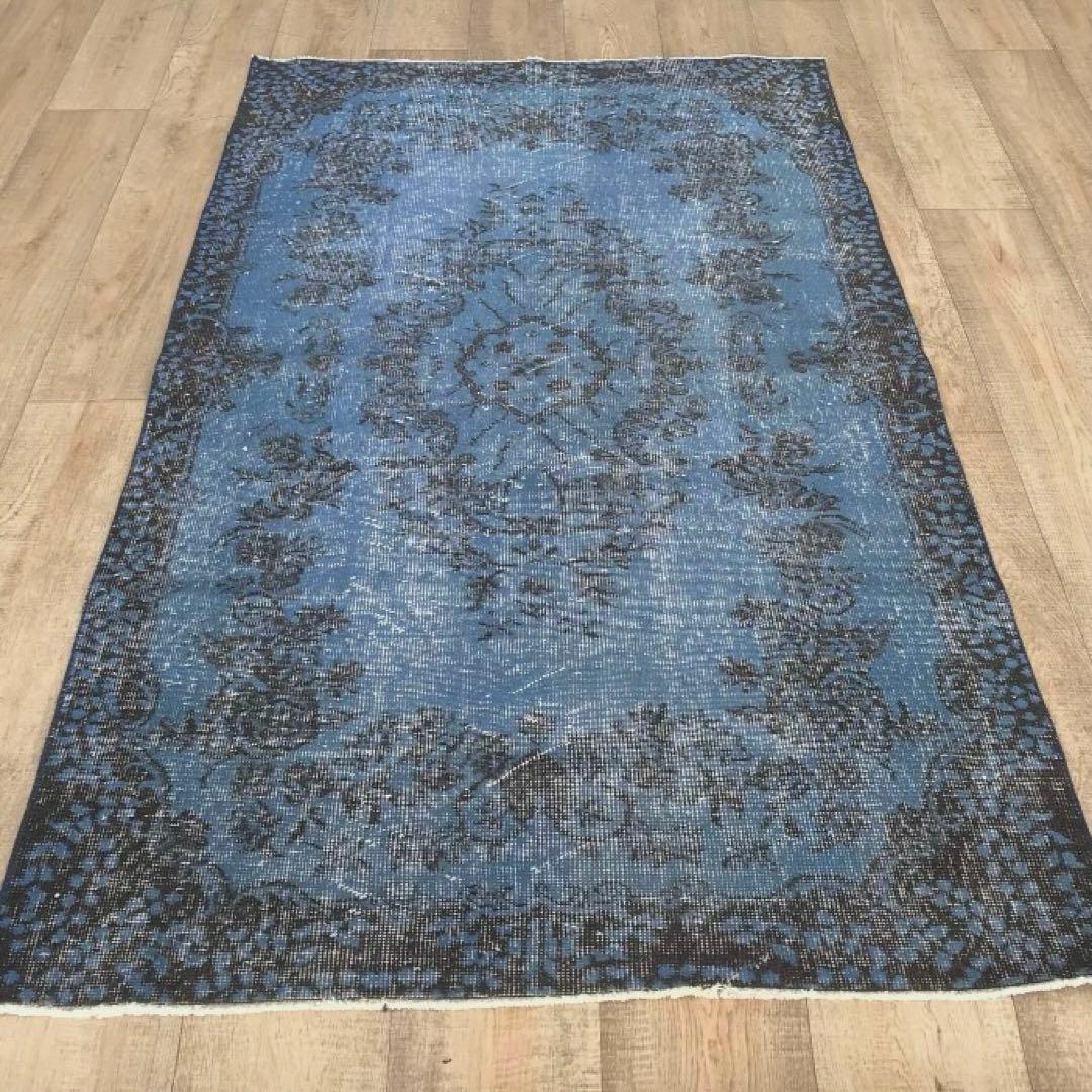 くすみスカイブルー　ヴィンテージラグ　オーバーダイ　トルコラグ 102×103 レア ラウンドラグ ブルーオーバーダイ トルコヴィンテージ