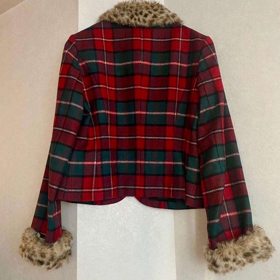 美品】ジェーンマープル タータンチェック ケープ ファー付き
