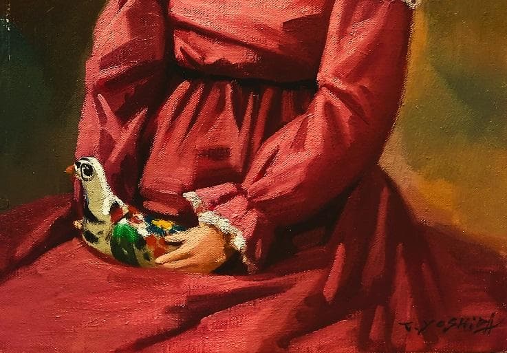 吉田武功 タイトル「ハトを持つ人形」」 F4号 油彩画 額装 真作