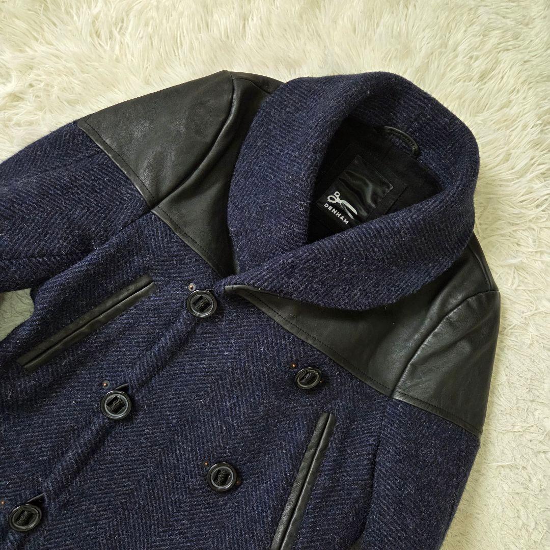 美品 デンハム フォックスブラザーズ ツイード レザー切り替え Pコート