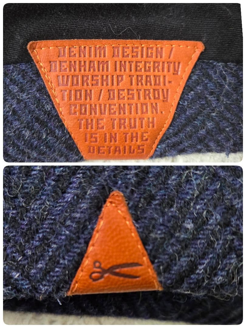 美品 デンハム フォックスブラザーズ ツイード レザー切り替え Pコート