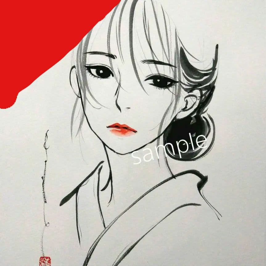 専用　肉筆原画　絵画　水彩画　ドローイング　A4サイズ　墨絵　和装　美人画風 絵画 ドローイング 水彩画 肉筆原画 和装 美人画 肉筆原画