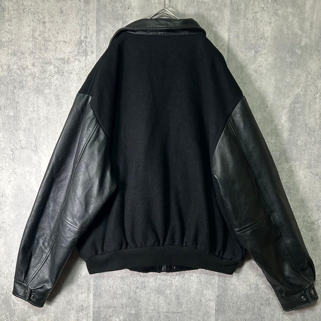 カナダ製 極上 レザー 企業刺繍ロゴ ウール スタジャン 中綿 黒 CANADA