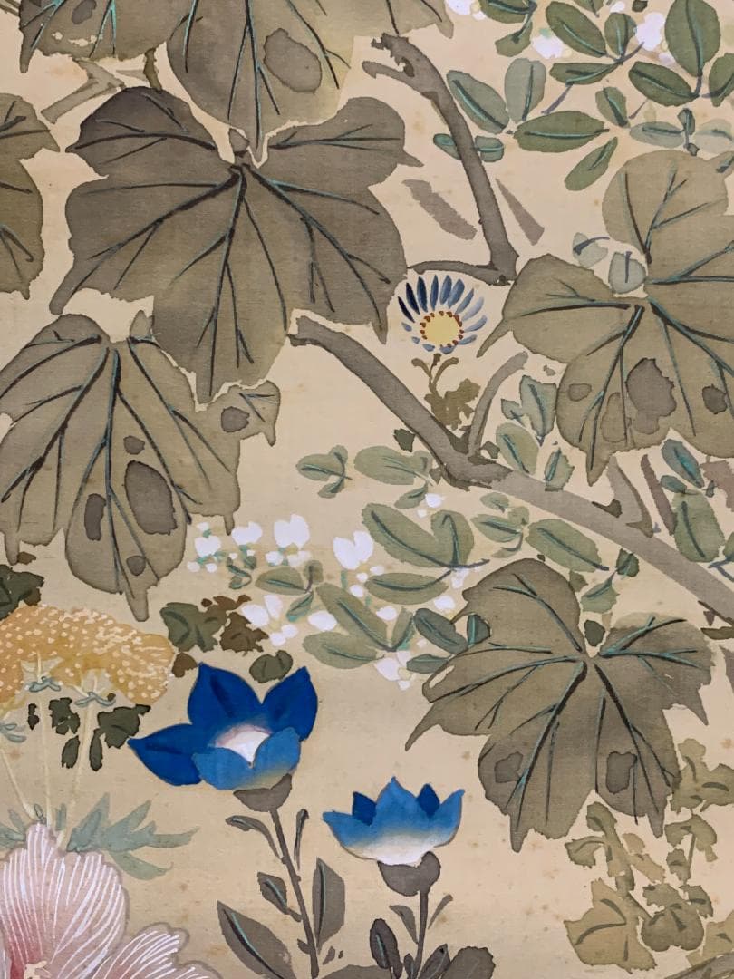 谷口月窓 月に萩 秋草花に飛蝗図 絹本 肉筆 掛軸 日本画