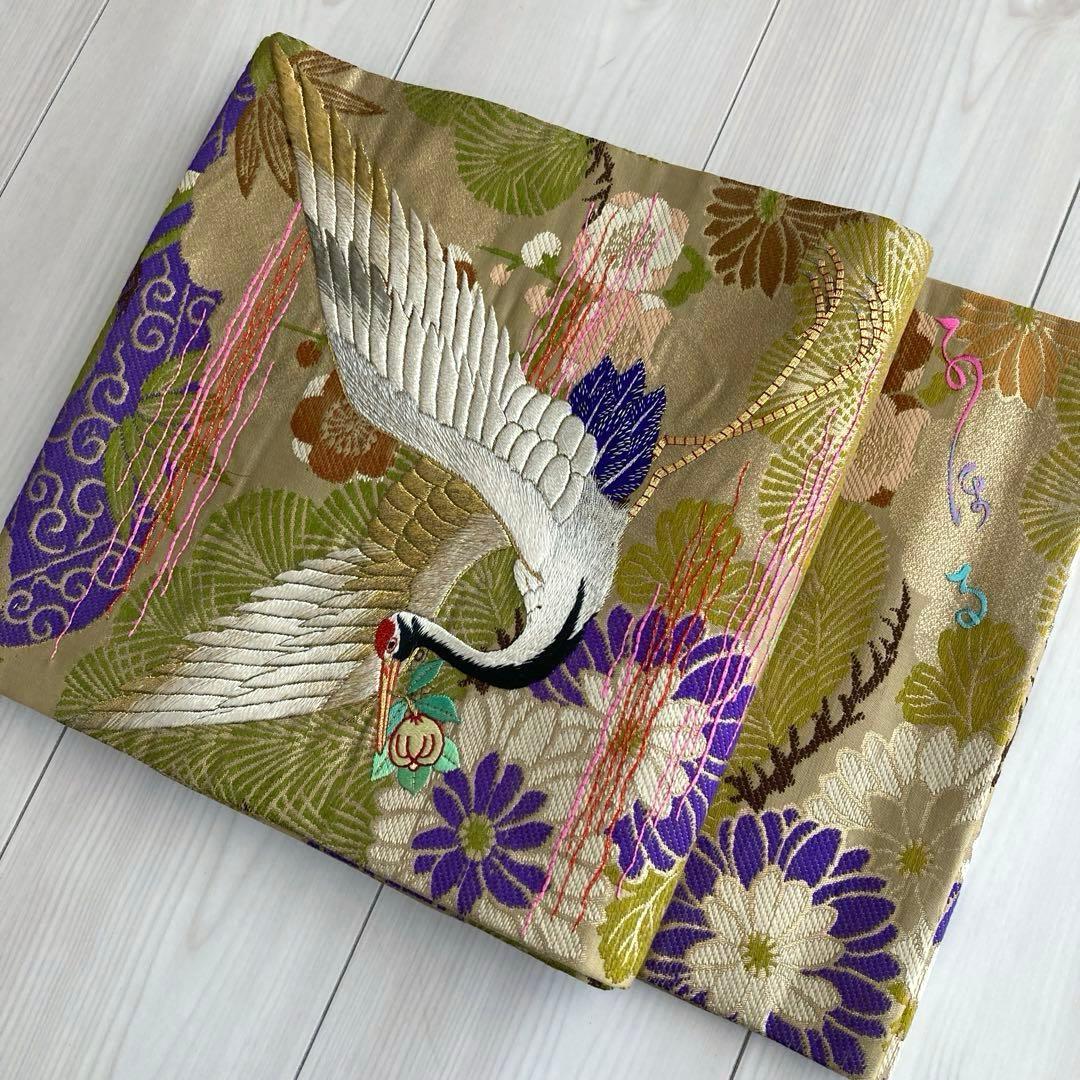 アンティーク名古屋帯　鶴の刺繍　金駒刺繍　上質　正絹　No.2-24
