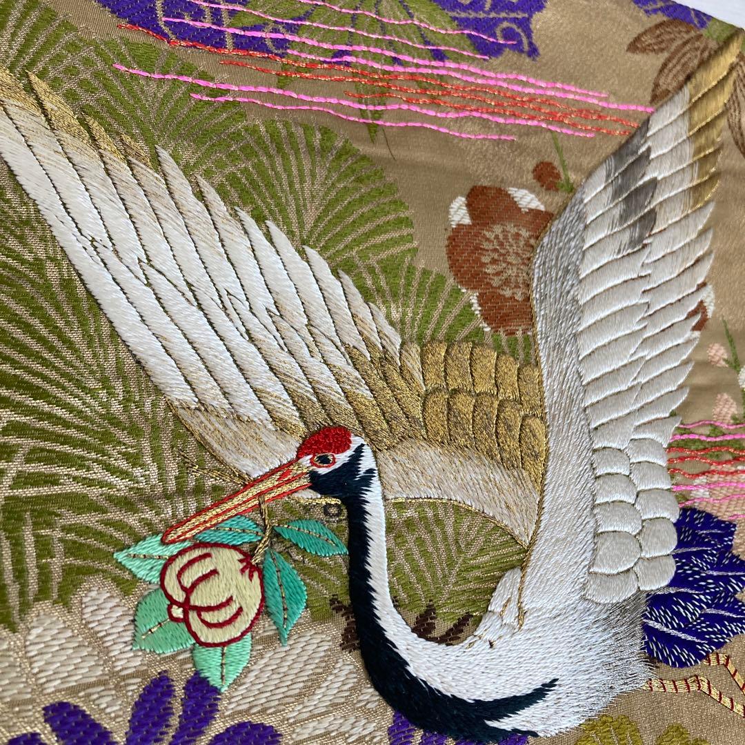 アンティーク名古屋帯　鶴の刺繍　金駒刺繍　上質　正絹　No.2-24