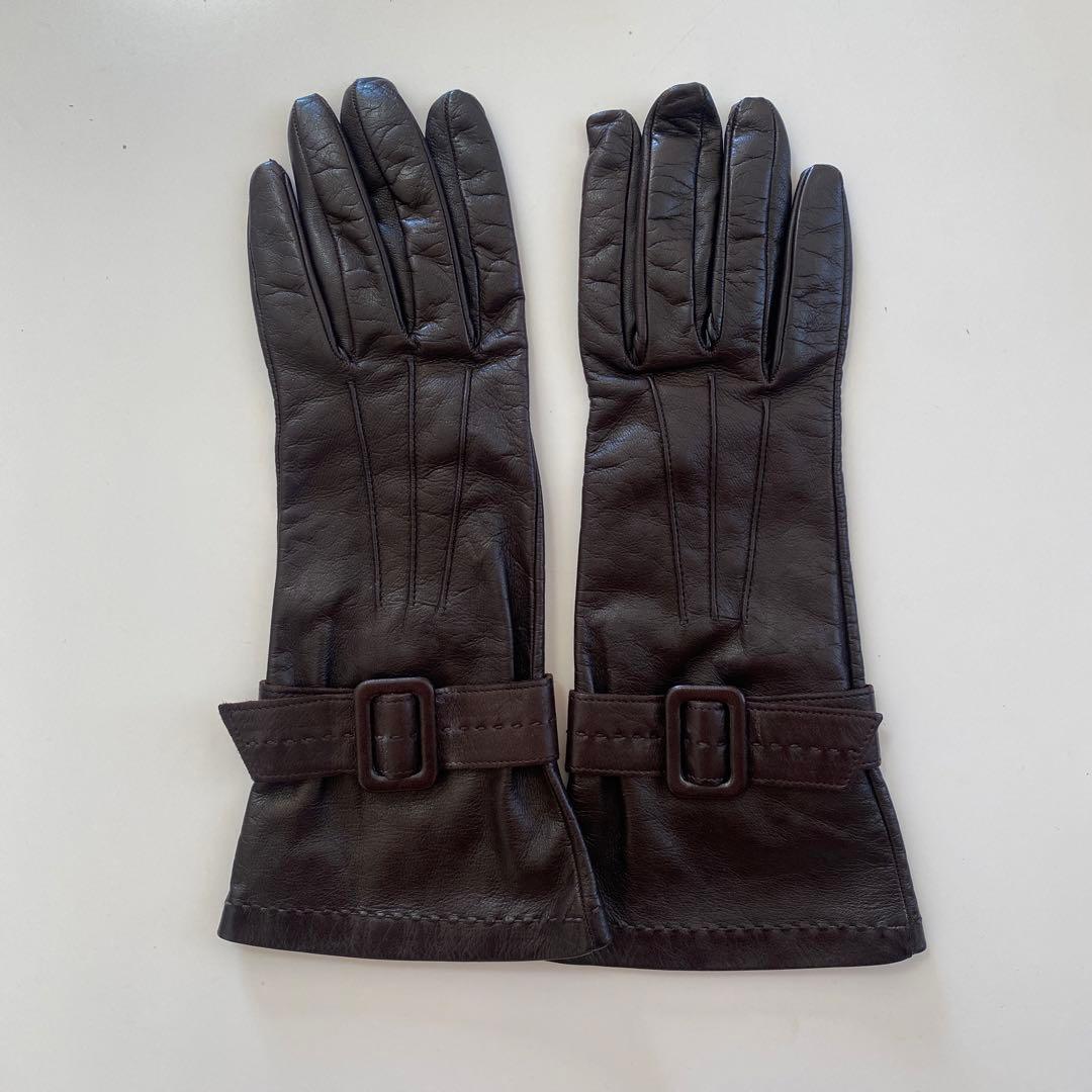 美品 フェラガモ レザーグローブ 革手袋 ダークブラウン シルク裏地