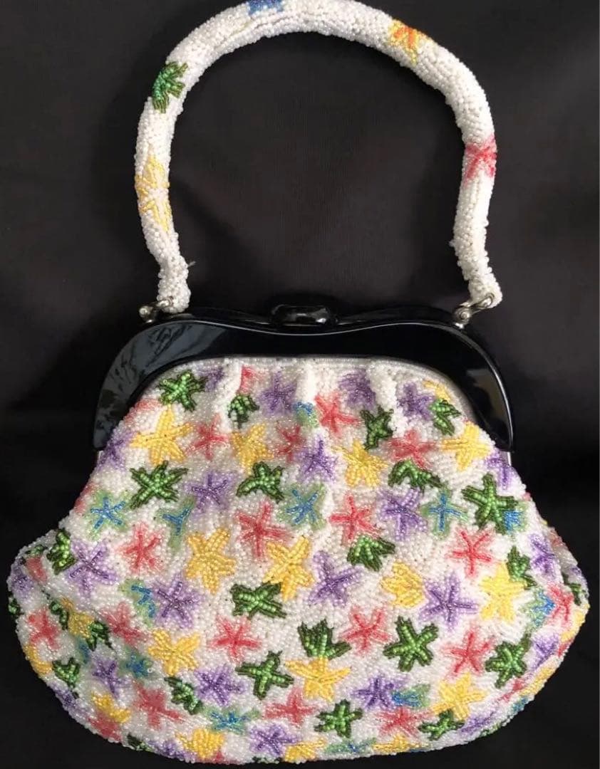 ビーズバッグ　がま口　昭和レトロ　ビンテージ　アンティーク ビーズ 美品 1点物】ビーズバッグ 総ビーズ がま口 花柄 着物 和装 ビンテージ