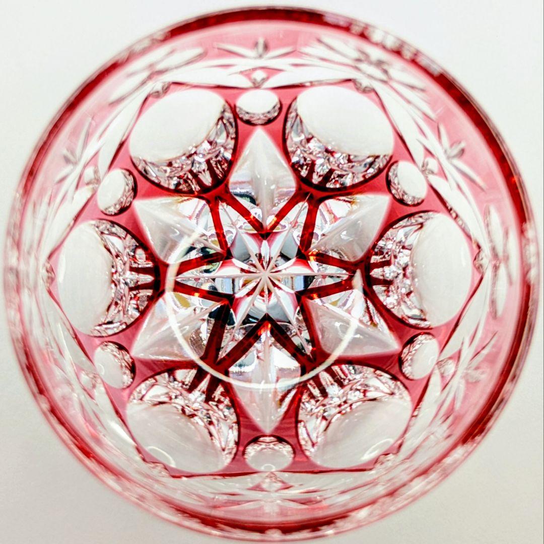 江戸切子　篠崎硝子工芸　金赤色被　ぐい呑み　銘 ″ 三ツ玉 ″【篠崎 清一 作】