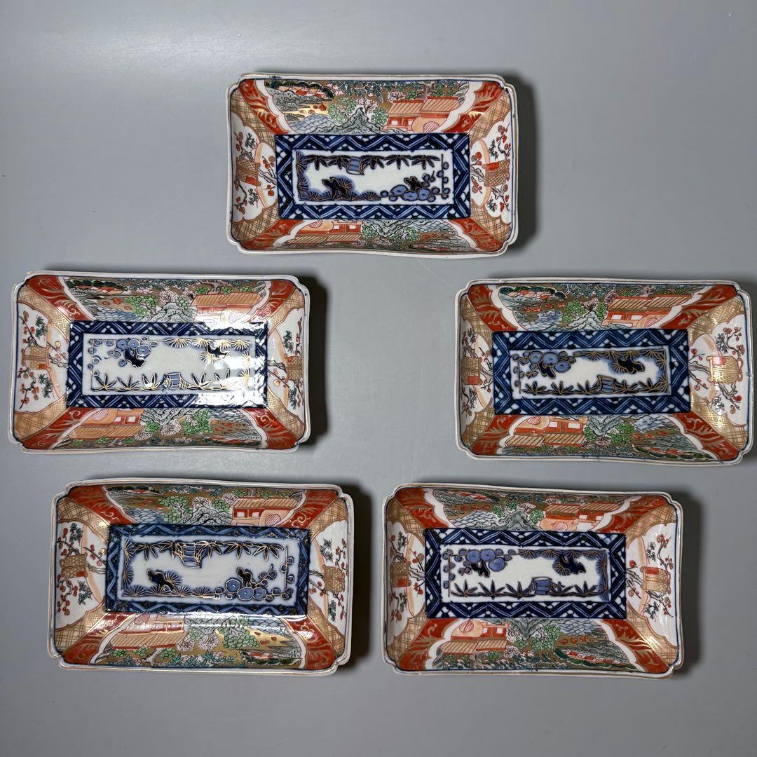 幕末〜明治期 上手 色絵風景画長皿 五客 絢爛豪華 緻密な
