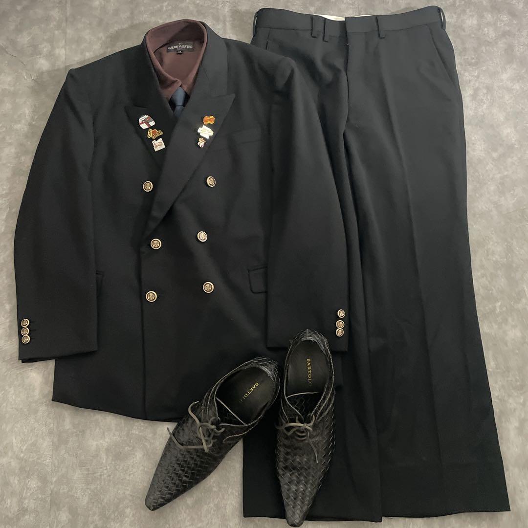 極上 漆黒ウール 黒金ボタン ダブルブレストスーツ ×OLDCELINEネクタイ