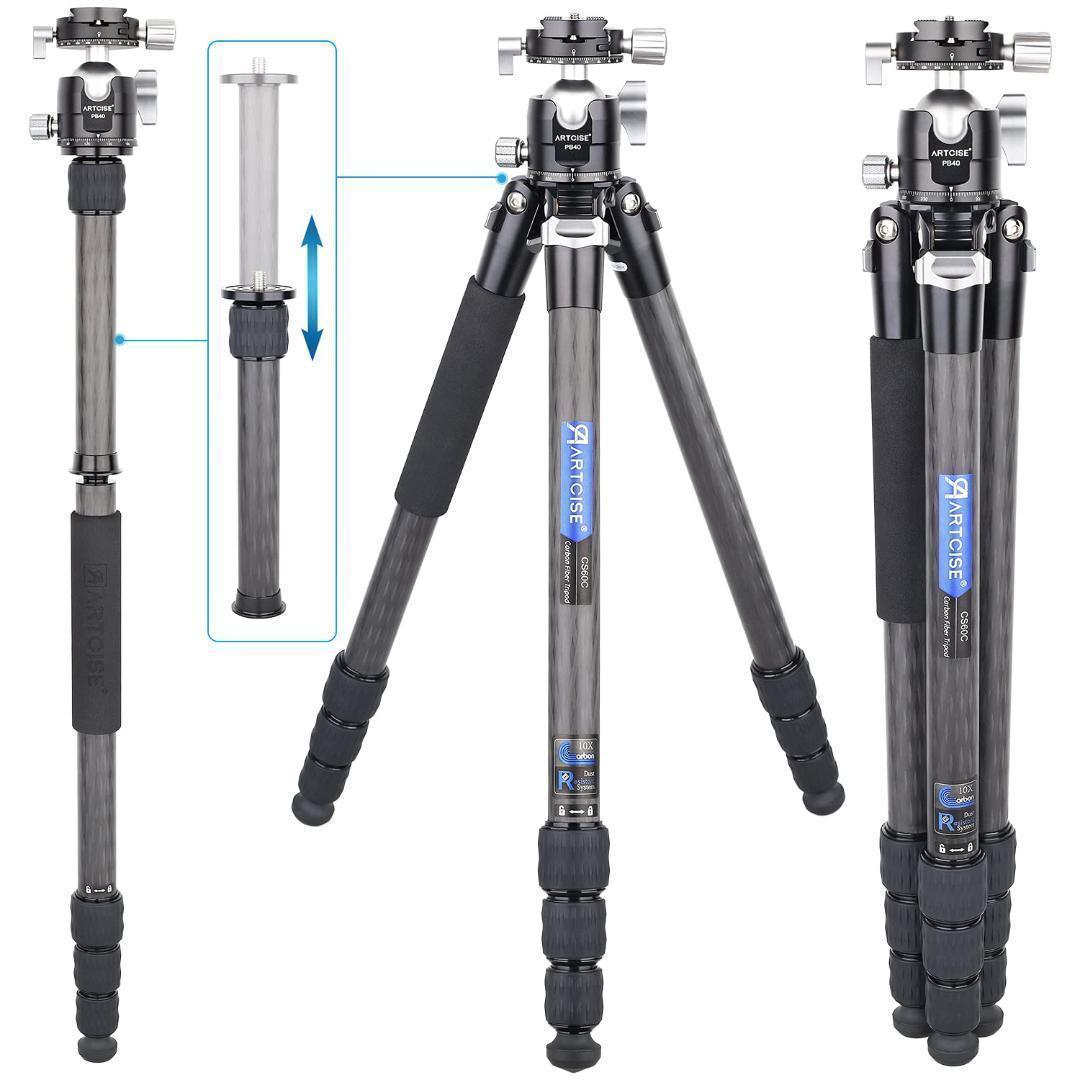 新品同様✨軽量カーボン三脚　10層カーボン 雲台セット　60C 超軽量カーボンファイバー製ポータブル三脚セット(ボール雲台:E-10
