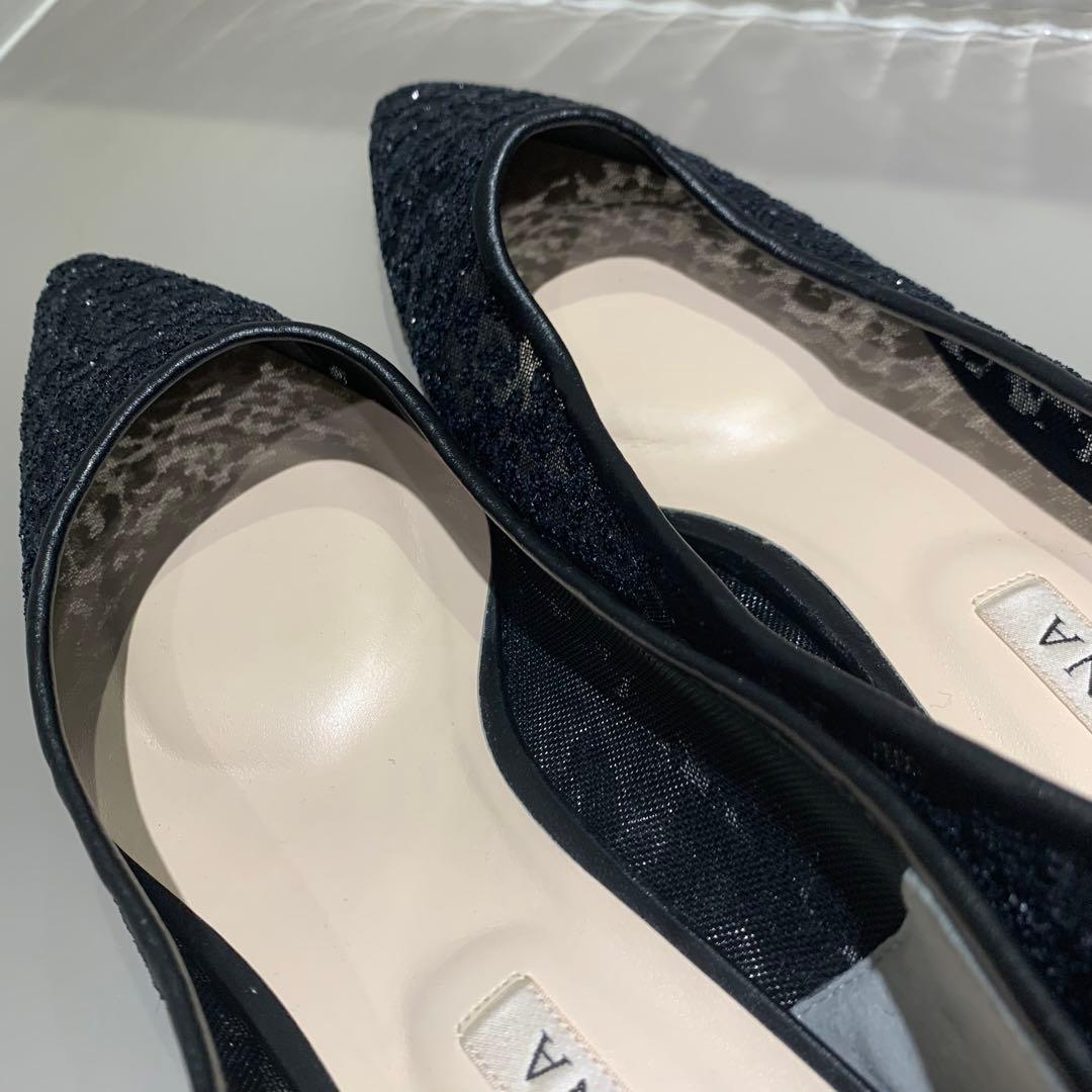 美品✨DIANA グリッター チュール パンプス ブラックラメ 24.5cm