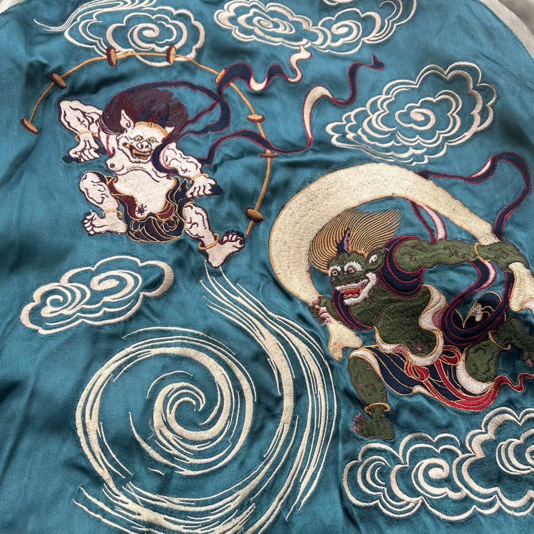 Pin Ball 風神雷神、刺繍 リバーシブル サテンスカジャン 赤 緑