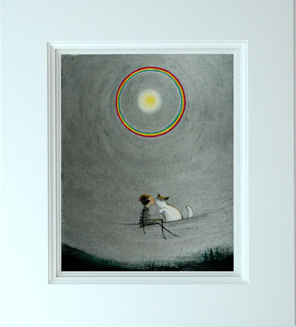 油絵 菅家令子絵 絵画インテリア額付(青緑＋金色の枠)F3-031019猫