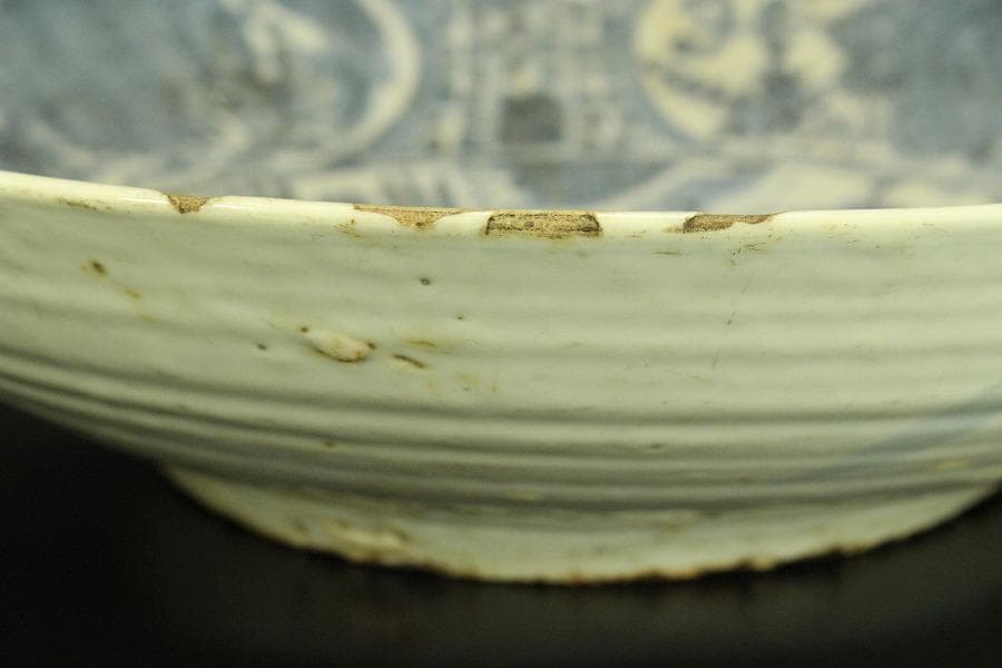 中国美術 青花 呉須 古染付 帆船図 大皿 φ47cm 明 貿易船(LC647