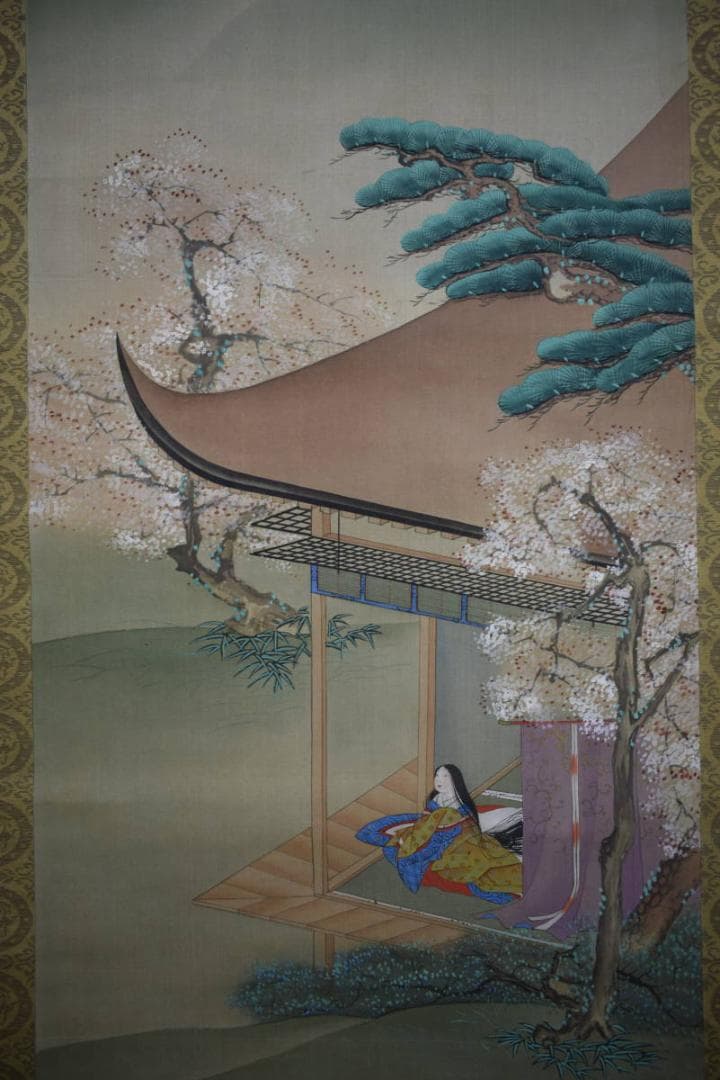 土佐光起/大和絵/人物図/桜花/紅葉/双幅/杉塗箱付/布袋屋掛軸HJ-474