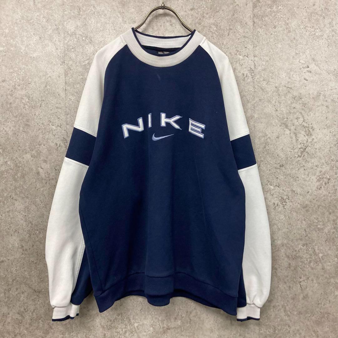 レア90s《NIKE ナイキ》刺繍スウェットトレーナー/ネイビー/メンズL