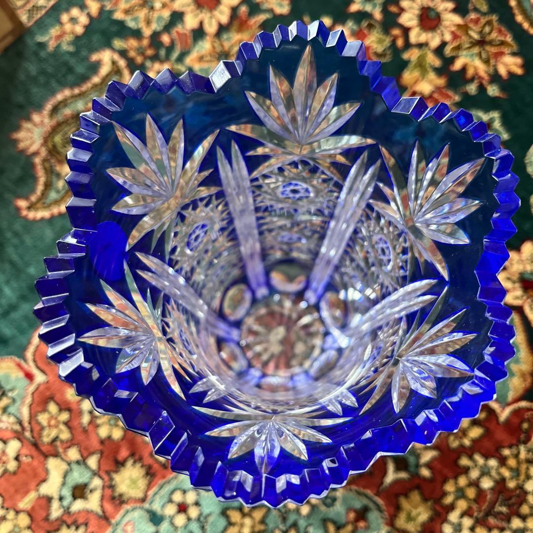 最終値下げ 新品KAMAY カメイガラス 薩摩切子ルリ色被せガラス花瓶