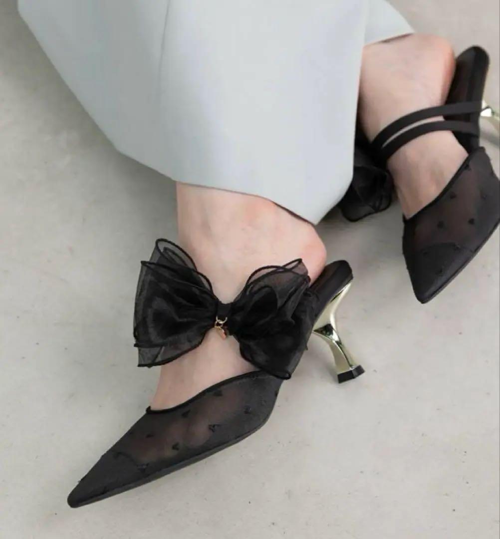 RANDA シフォンリボンハートミュールパンプス 25.5cm ブラック ランダ