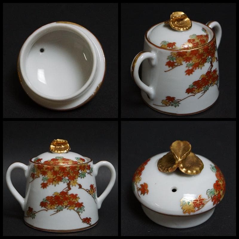 明治期 大村造 金彩赤色絵『紅葉文』オールドデミタスセット 里帰り