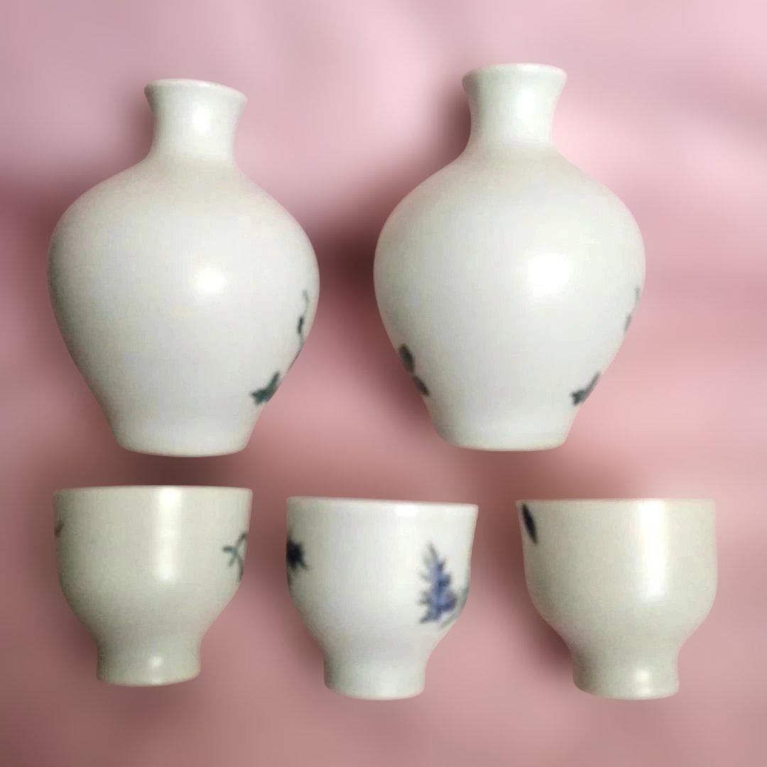 有田焼 岩尾對山窯 色絵 万葉花紋 酒器セット 1合徳利2本 お猪口3個