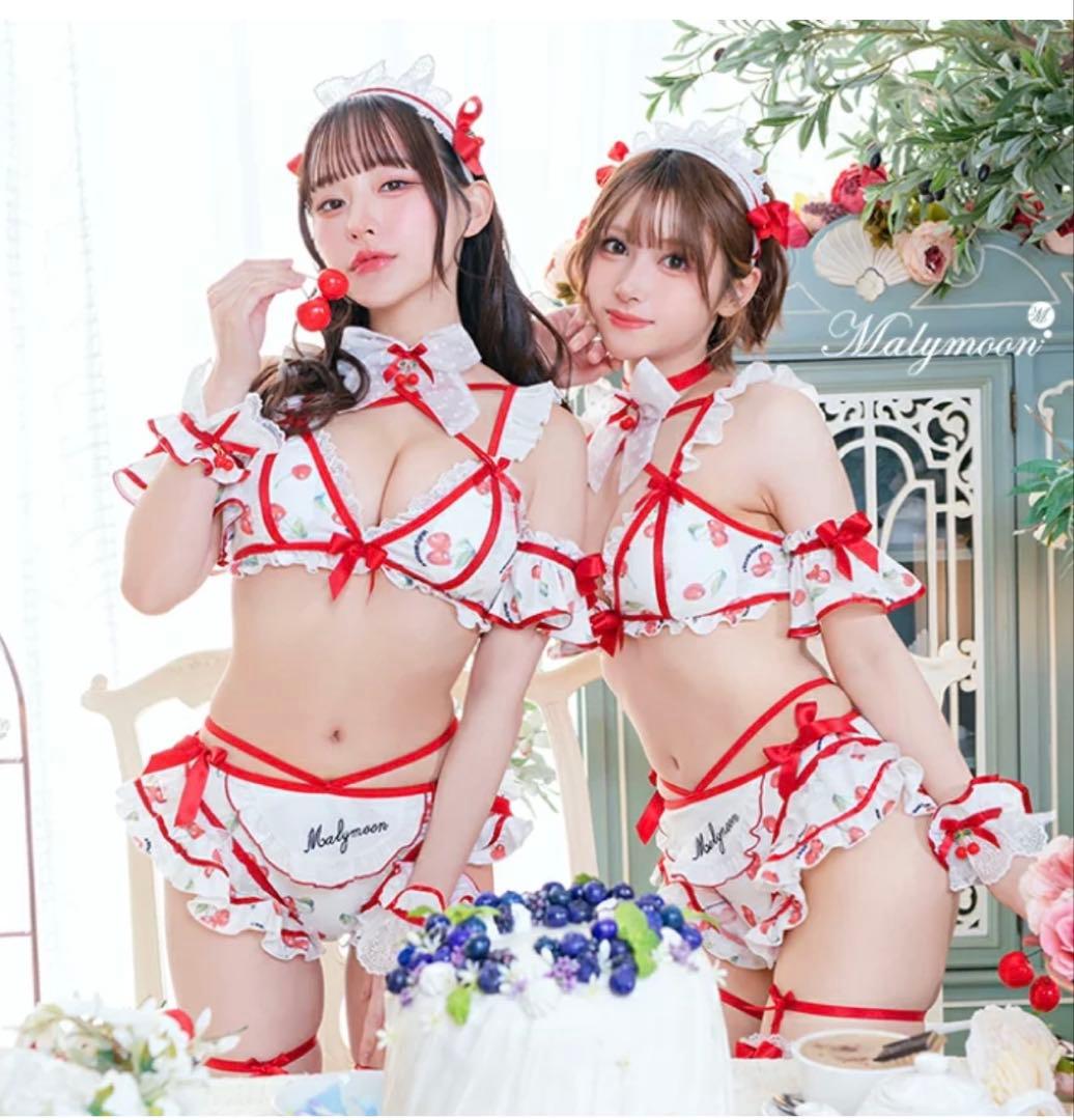 Malymoon メイド服 さくらんぼ　ホイップチェリー水着 ホイップチェリーデザートメイド《オリジナルコスプレ8点セット