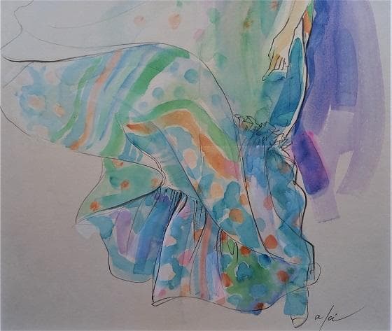 Akiサイン 「ファッション」 鉛筆デッサンに水彩画 真作