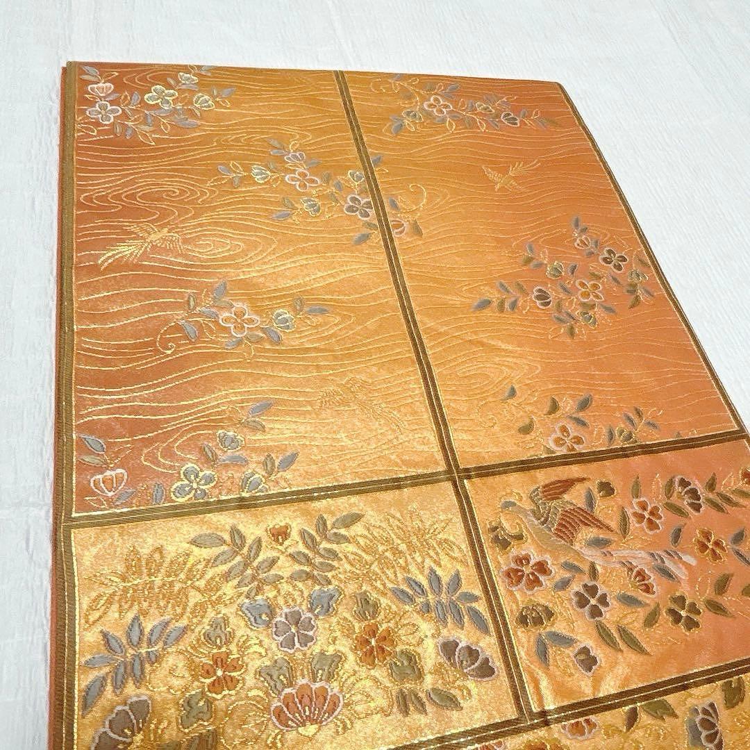 梅垣織物 袋帯 格子華文 西陣織 引箔 正絹 金糸 オレンジゴールド系 逸品