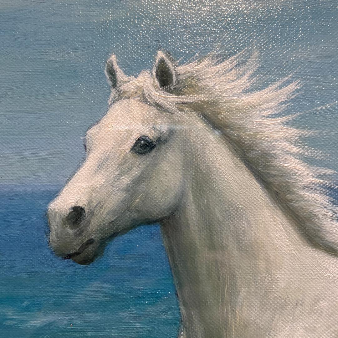 箱付き・F6号】松岡克作 油絵「渚の白い馬」 海辺を駆ける白馬 額装