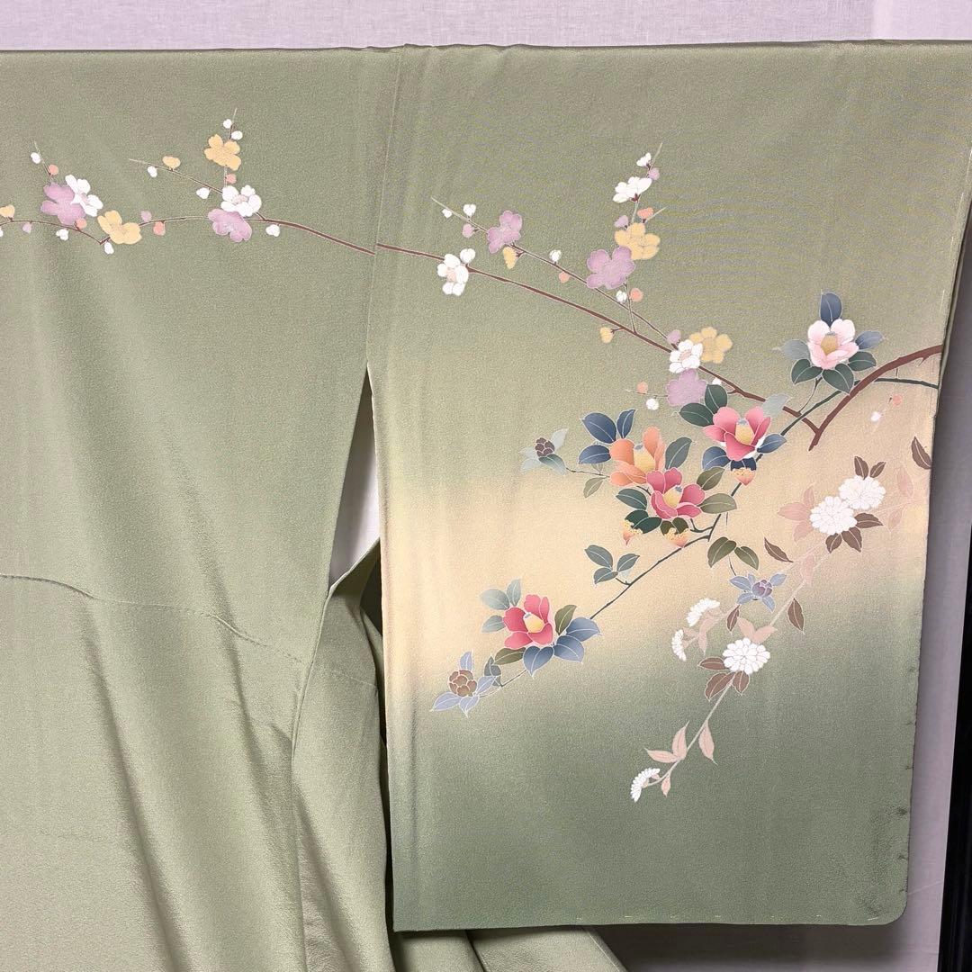 D311 訪問着 手描き友禅 花模様 正絹 着物 袷 しつけ糸付き未使用極美