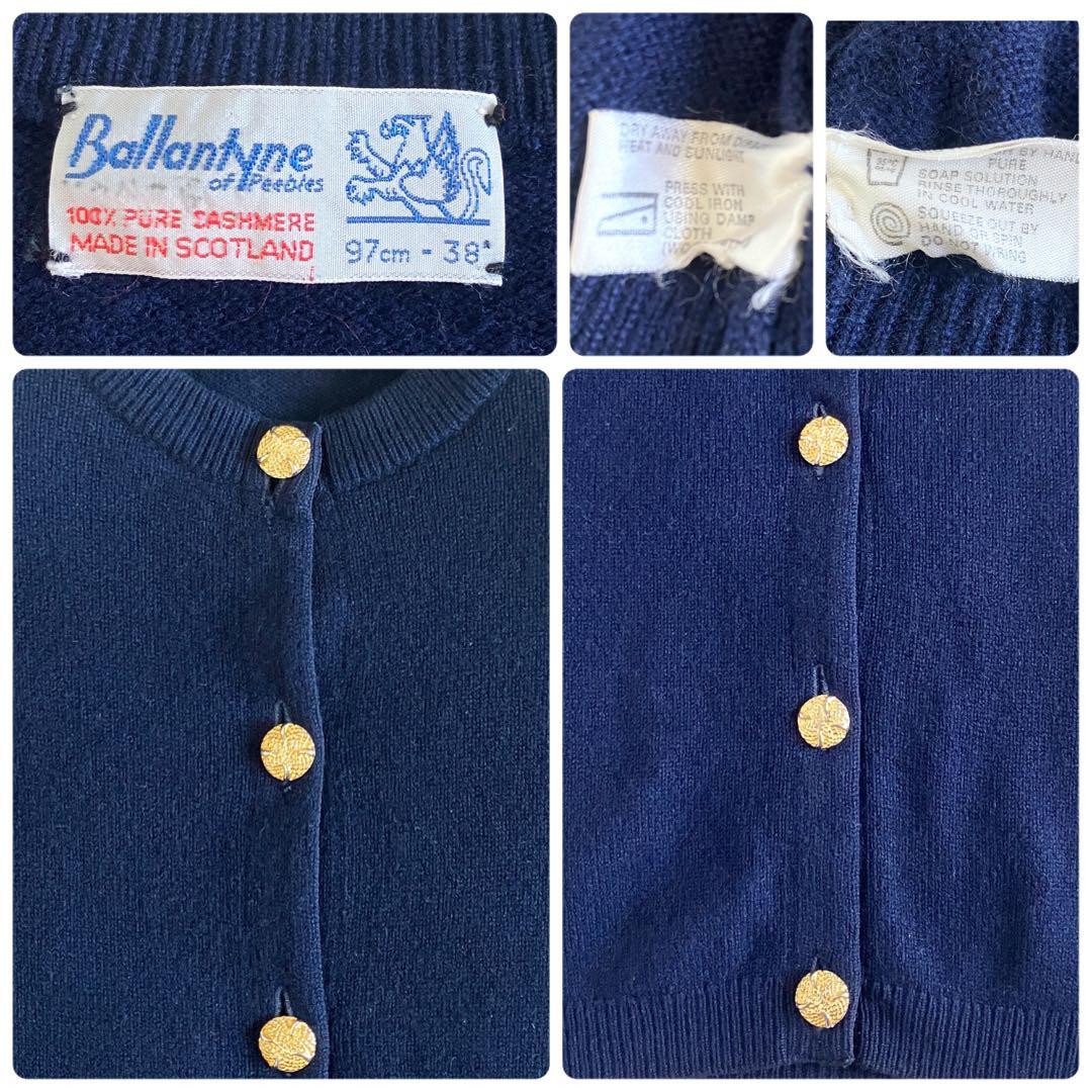 バランタイン カシミヤ100% 金ボタン ニットカーディガン38 ネイビー