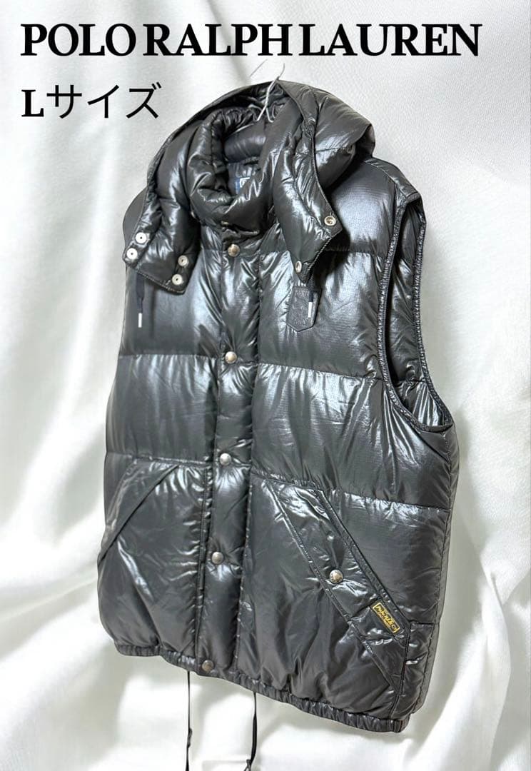 美品☆ポロラルフローレン ダウンベスト 黒 牛革 エンブレム L POLObyRalphLauren】【LAMPOジッパー】【トップス】ポロラルフローレン