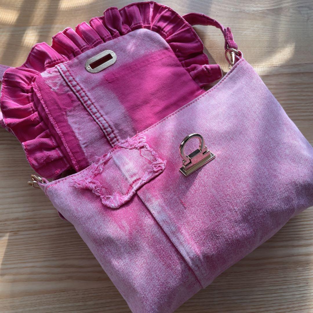 デニムリメイク ピンク フリル ショルダー デニムリメイク ピンク