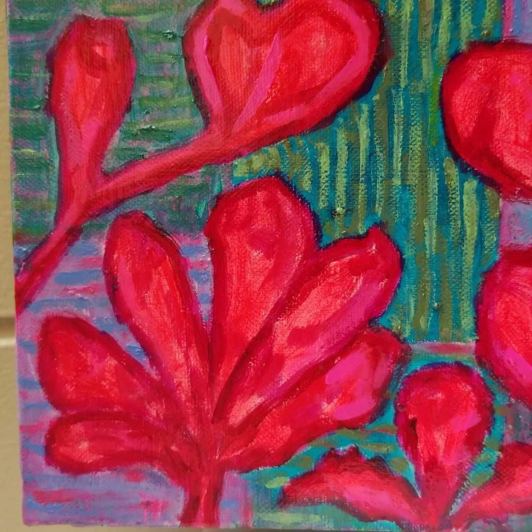 油絵 専用 赤い鳥の家族と赤い花