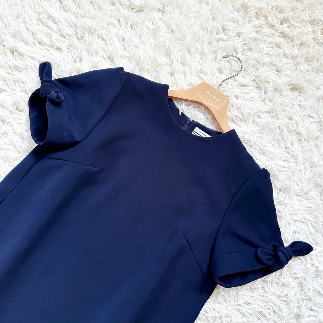 着用1回】ボーダーズアットバルコニー リボンツイルブラウス ネイビー