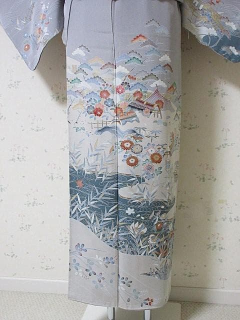 訪問着：美品-花と水流とオシドリと民家：高級品グレー：袷正絹：