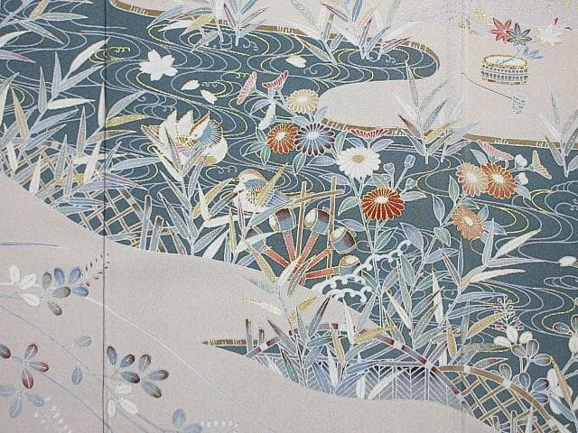 訪問着：美品-花と水流とオシドリと民家：高級品グレー：袷正絹：